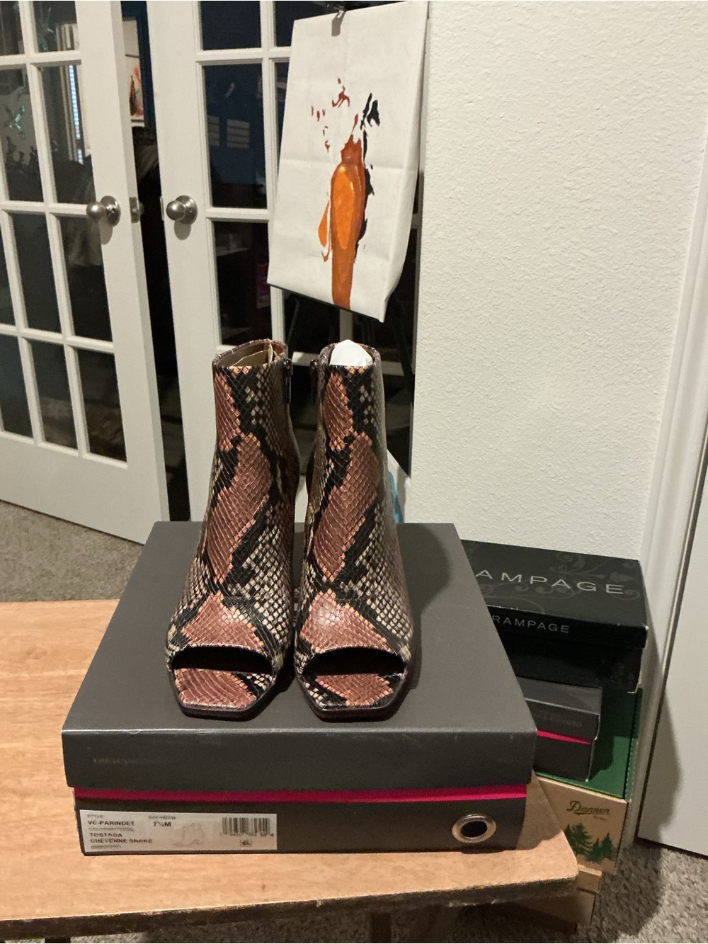 Vince Camuto Pink-Brown Snake Print Peep Toe Ankle Booties